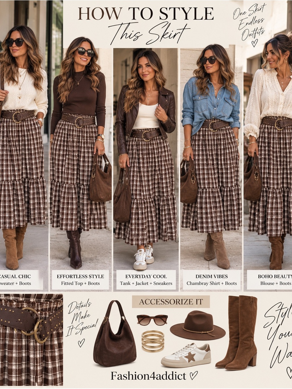 E20. Brown Plaid Tiered Maxi Skirt with belt+ style ideas